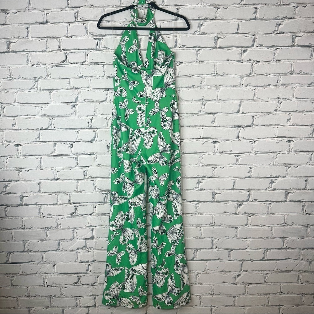 Unique Vintage Smak Parlour Butterfly Halter Flare Jumpsuit Green Medium 6/8 70s - Picture 4 of 13